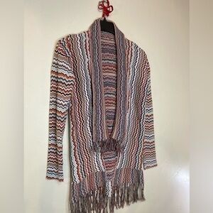 Gimmicks By BKE~Vibrant~Zig Zag~Open~Knit Sweater Cardigan~Fringe Hem~Size M